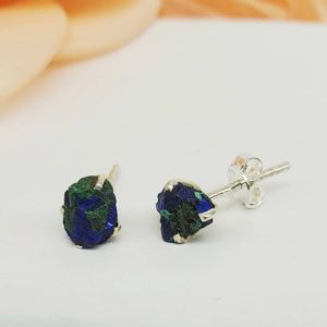 Shop Azurite Earrings! Raw Gemstone Azurite Malachite Tiny Stud Earrings – Sterling silver – Azurite Malachite Small Studs – Minimalist Stackable Crystal Studs | Natural genuine Azurite earrings. Buy crystal jewelry, handmade handcrafted artisan jewelry for women.  Unique handmade gift ideas. #jewelry #beadedearrings #beadedjewelry #gift #shopping #handmadejewelry #fashion #style #product #earrings #affiliate #ad