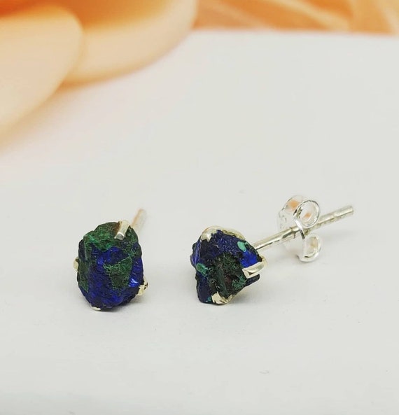 Raw Gemstone Azurite Malachite Tiny Stud Earrings - Sterling Silver - Azurite Malachite Small Studs - Minimalist Stackable Crystal Studs