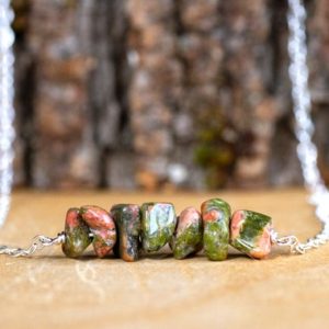 Raw Unakite Necklace – Pregnancy Necklace –  Reiki Necklace – Crystal Healing Jewelry – Gift for Doula or Midwife – Unakite Gemstone Bar | Natural genuine Gemstone necklaces. Buy crystal jewelry, handmade handcrafted artisan jewelry for women.  Unique handmade gift ideas. #jewelry #beadednecklaces #beadedjewelry #gift #shopping #handmadejewelry #fashion #style #product #necklaces #affiliate #ad