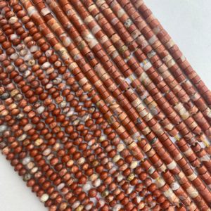 Shop Red Jasper Rondelle Beads! Red Bend Jasper 4mm heishi and rondelle gemstone beads. 15" strands of Red Jasper with dabs of pink and white. | Natural genuine rondelle Red Jasper beads for beading and jewelry making.  #jewelry #beads #beadedjewelry #diyjewelry #jewelrymaking #beadstore #beading #affiliate #ad