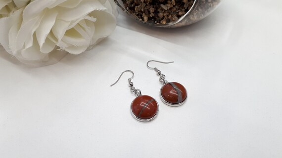 Red Jasper Dangle Earrings - Round Red Jasper Earrings - Silver Drop Earrings - Round Gemstone Jewelry - Silver Earrings For Woman