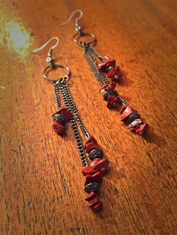 Red Jasper Earrings, Charcoal And Brecciated Red Jasper Chip Cluster Hoop Earrings
