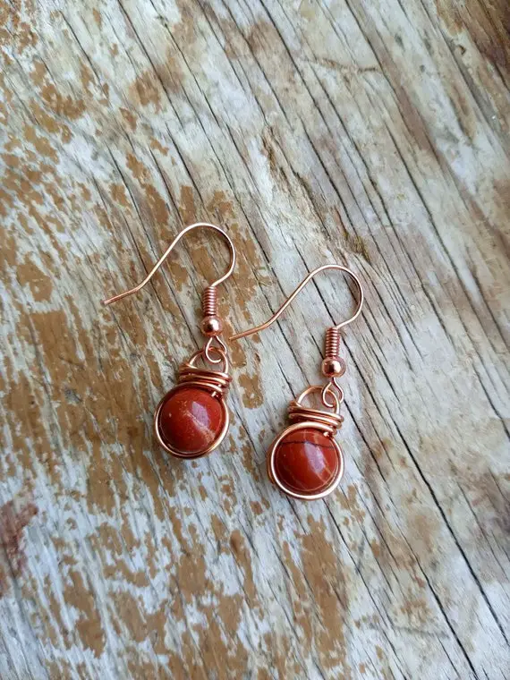Red Jasper Earrings, Fish Hook Earrings, Wire Wrapped Jewelry, Wire Wrapped Earrings, Healing Crystal Earrings, Copper Jewelry