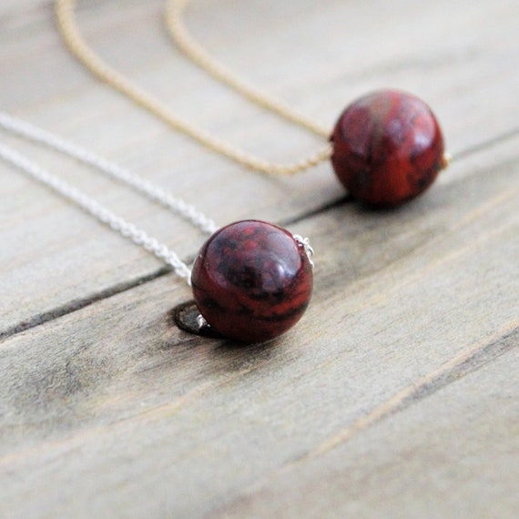 Minimalist Red Jasper Necklace, Single Bead Gemstone Jewelry