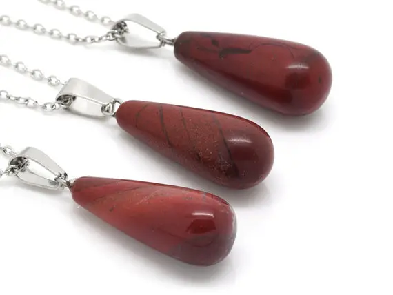 Red Jasper Necklace With Stainless Steel Chain, Natural Gemstone Drop Pendant Jewelry