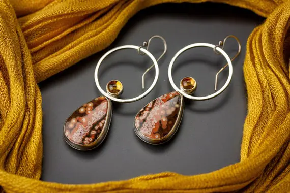 Rising Sun | Red Ocean Jasper Earrings And Citrine | Citrine And Ocean Jasper Sterling Silver Earrings | Artisan Made Ocean Jasper Earrings