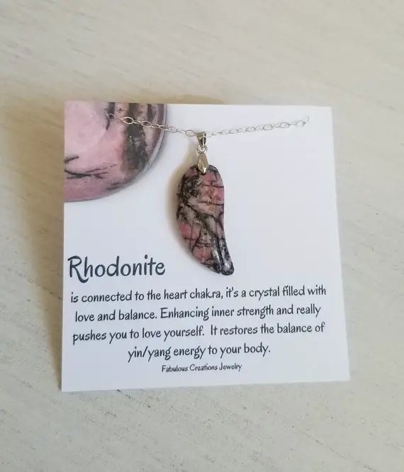 Rhodonite Necklace, Angel Wing Pendant Necklace, Heart Chakra Necklace, Gift For Her, Gemstone Wing Necklace, Pink And Black Stone