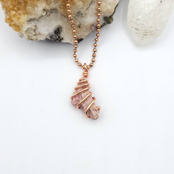 Rhodonite Necklace, Copper Wire Wrapped Rhodonite Pendant