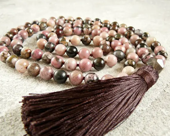 Rhodonite Mala, Rhodonite Necklace, Hand Knotted Tassel 108 Mala Necklaces, Natural Rhodonite Beads, Meditation Necklace, Yoga Jewelry Gift