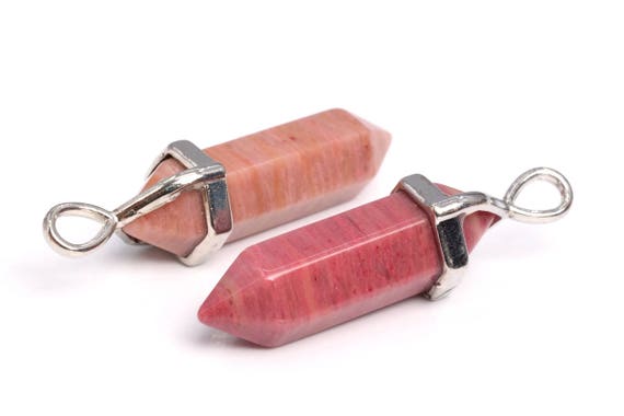 2 Pcs - 39x8mm Gray Pink Rhodonite Beads Hexagonal Pointed Pendant Natural Grade Aaa Silver Plated Cap (102513)