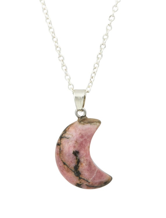 Rhodonite Stone Crescent Moon Necklace - Crescent Moon Rhodonite Pendant - Crescent Moon Necklace - Rhodonite Jewelry - Healing Necklace