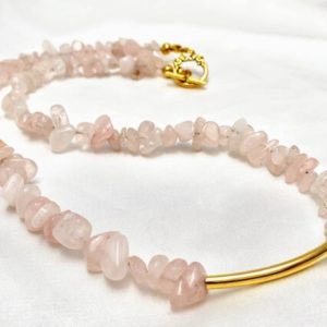 Shop Rose Quartz Necklaces! Rose quartz & curved gold bar/tube choker collar necklace. Luminous pink gemstones,  minimalist jewelry.  Video conferencing length. | Natural genuine Rose Quartz necklaces. Buy crystal jewelry, handmade handcrafted artisan jewelry for women.  Unique handmade gift ideas. #jewelry #beadednecklaces #beadedjewelry #gift #shopping #handmadejewelry #fashion #style #product #necklaces #affiliate #ad