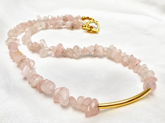 Rose Quartz & Curved Gold Bar/tube Choker Collar Necklace. Luminous Pink Gemstones,  Minimalist Jewelry.  Video Conferencing Length.