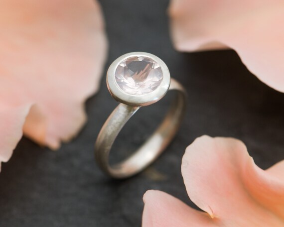 Rose Quartz Solitaire Halo Ring, Pink Gemstone Engagement Ring