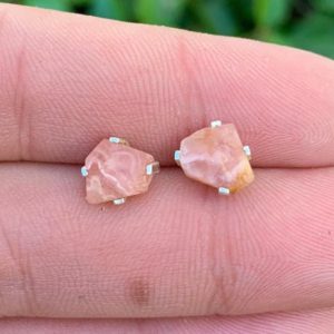 Shop Rhodochrosite Earrings! Rough Rhodochrosite Sterling Silver Earring, Raw Prong Set Stud Earrings, Gemstone, Sterling Silver, Stud Earring, 925 Earrings | Natural genuine Rhodochrosite earrings. Buy crystal jewelry, handmade handcrafted artisan jewelry for women.  Unique handmade gift ideas. #jewelry #beadedearrings #beadedjewelry #gift #shopping #handmadejewelry #fashion #style #product #earrings #affiliate #ad
