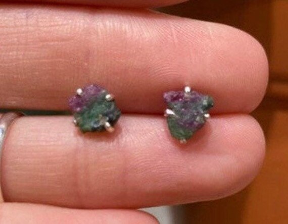 Rough Ruby Zoisite Sterling Silver Earring, Peridot Earring, Raw Prong Stud Earring, Ruby In Zoisite, Sterling Silver, Stud Earring