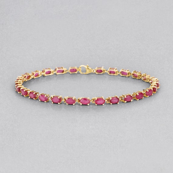 Ruby Bracelet, Ruby Oval Tennis Bracelet In .925 Sterling Silver Yellow Gold Plated, July Birthstone, Red Ruby Bracelet For Her