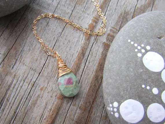 Ruby In Zoisite Pendant, Gold, Wire Wrapped, Faceted, Stone Necklace, Ruby Zoisite, Anyolite Pendant