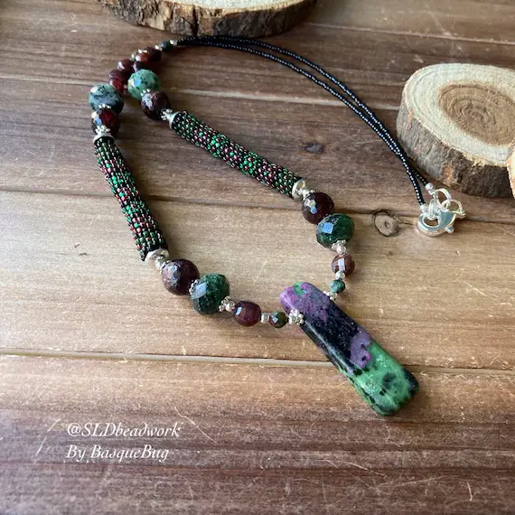Ruby Necklace Stone In Zoisite Garnet Necklace Raw Pink Green Peyote Beaded Necklace Native Boho Tribal Hippie Gift Unique Jewelry Women 20