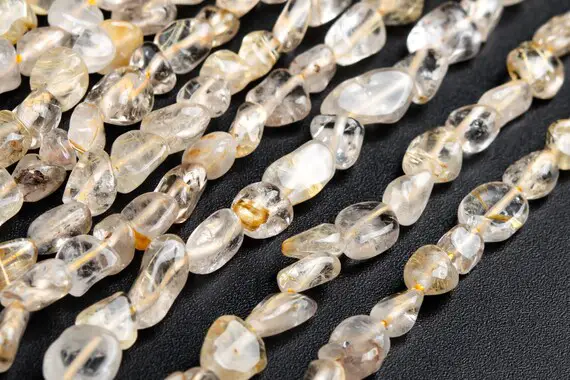 Genuine Natural Gold Rutilated Quartz Gemstone Beads 7-9mm Gold Pebble Nugget A Quality Loose Beads (108424)