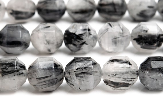 Genuine Natural Rutilated Quartz Gemstone Beads 10x9mm Black Faceted Bicone Barrel Drum A Quality Loose Beads (115648)