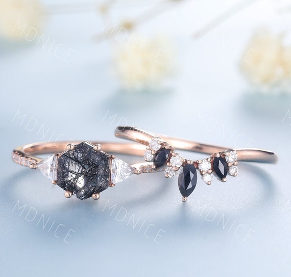 Hexagon Cut Natural Black Rutilated Quartz Ring, Unique Bridal Ring Set, Three Stone Engagement Ring, Anniversary, Birthday Gift For Her