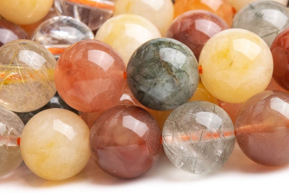 Genuine Natural Rutilated Quartz Gemstone Beads 9-10mm Multicolor Round Aaa Quality Loose Beads (107341)
