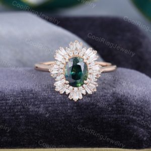 Rose gold green blue sapphire engagement ring vintage Oval cut Halo Diamond CZs baguette art deco Bridal Anniversary gift for women | Natural genuine Gemstone rings, simple unique alternative gemstone engagement rings. #rings #jewelry #bridal #wedding #jewelryaccessories #engagementrings #weddingideas #affiliate #ad