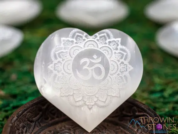 Selenite Crystal Heart - Om Mandala - Self Care, Home Decor, Healing Crystals And Stones, E1890
