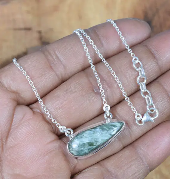 Natural Green Seraphinite 925 Sterling Silver Gemstone Chain Necklace Jewelry ~ April Month Birthstone ~ Natural Necklace ~gift For Birthday
