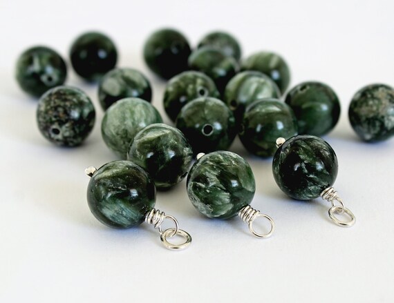 Seraphinite Charm, 10mm Round Seraphinite Dangles, Sterling Silver Wire Wrapped With Or Without Jump Rings, Natural Seraphinite