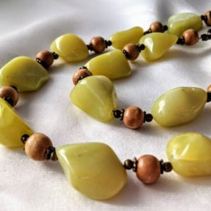 Bold, handmade necklace with luminous new "jade" serpentine, wood, & bronze. Long statement length. Pantone Greenery, color of the year 2017 | Natural genuine Serpentine necklaces. Buy crystal jewelry, handmade handcrafted artisan jewelry for women.  Unique handmade gift ideas. #jewelry #beadednecklaces #beadedjewelry #gift #shopping #handmadejewelry #fashion #style #product #necklaces #affiliate #ad