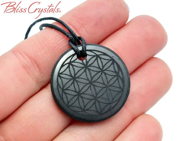 Shungite Flower Of Life Round Pendant W/ Cord For Protection From Emf Healing Crystal And Stone #sp69