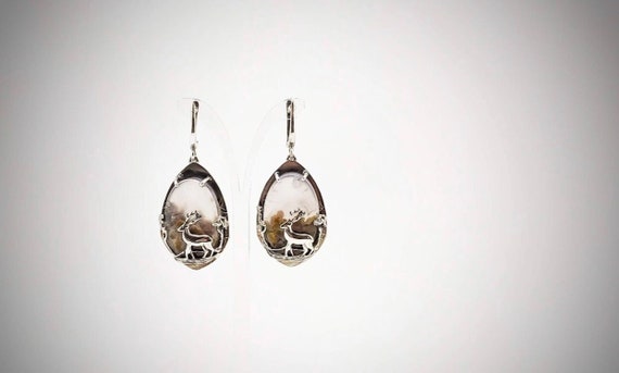Silver Deer Earrings, Moss Agate Earrings, Drop Dangle Earrings, Animal Large Earrings, Nature Weird Earrings, Birthstone Jewelry, Mom Gift
