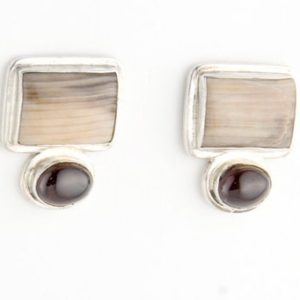 Shop Petrified Wood Jewelry! Simplicity Petrified Wood and Garnet Stud Earrings in Sterling Silver | Natural genuine Petrified Wood jewelry. Buy crystal jewelry, handmade handcrafted artisan jewelry for women.  Unique handmade gift ideas. #jewelry #beadedjewelry #beadedjewelry #gift #shopping #handmadejewelry #fashion #style #product #jewelry #affiliate #ad