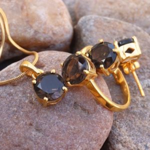 Shop Smoky Quartz Pendants! Natural Smoky Quartz Ring Earrings Pendant Jewelry Set, Statement Jewelry Set, Bridal Jewelry, 18k Gold Plated Silver, Gift for Women Her | Natural genuine Smoky Quartz pendants. Buy handcrafted artisan wedding jewelry.  Unique handmade bridal jewelry gift ideas. #jewelry #beadedpendants #gift #crystaljewelry #shopping #handmadejewelry #wedding #bridal #pendants #affiliate #ad