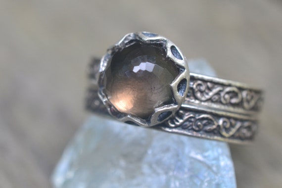 Smoky Quartz Bridal Set, Unusual Brown Crystal Engagement Ring, Oxidized Silver Renaissance Fern Wedding Band, Gothic Jewellery