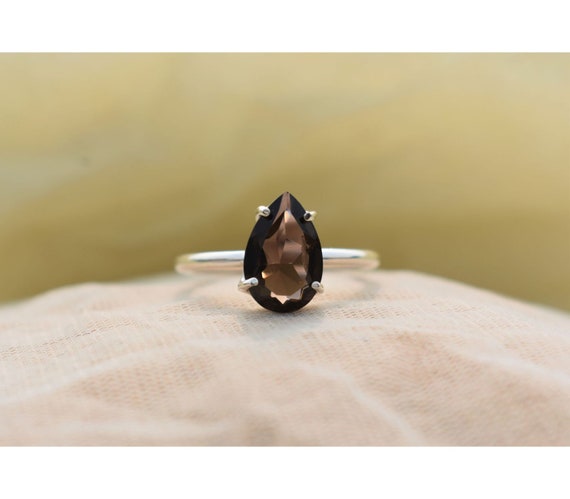 Natural Smoky Quartz Silver Ring, Quartz Ring, Simple Band Ring, Pear Cut Stone, Boho Ring, 925 Silver Ring, Dainty Ring, Gift For Her