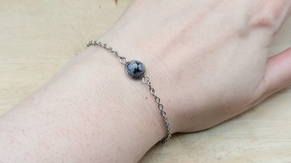 Hypoallergenic Snowflake Obsidian Chain Bracelet. Reiki Jewelry Uk. Womens Stainless Steel Minimalist Adjustable Bracelet. 8mm Stone
