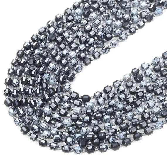 6mm Snowflake Obsidian Gemstone Grade Aaa Faceted Prism Double Point Cut Loose Beads (d212)
