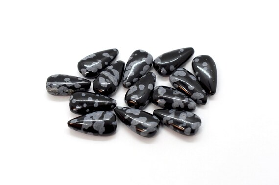 Snowflake Obsidian (natural) A Grade, Flat Teardrop Beads (8mm X 15mm) 13 Pcs/unit, Black And Gray