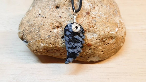 Snowflake Obsidian Angel Wing Pendant Necklace. Reiki Jewelry Uk. Unisex Silver Plated Wire Wrapped Pendant. 30x15mm. Empowered Crystals