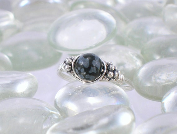 Snowflake Obsidian Sterling Silver Bali Bead Ring - Any Size