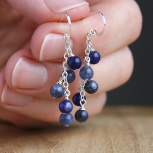 Dark Blue Earrings Dangle . Sodalite Earrings Sterling Silver 925 . Gemstone Cluster Earrings for Women | Natural genuine Gemstone jewelry. Buy crystal jewelry, handmade handcrafted artisan jewelry for women.  Unique handmade gift ideas. #jewelry #beadedjewelry #beadedjewelry #gift #shopping #handmadejewelry #fashion #style #product #jewelry #affiliate #ad