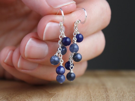 Dark Blue Earrings Dangle . Sodalite Earrings Sterling Silver 925 . Gemstone Cluster Earrings For Women