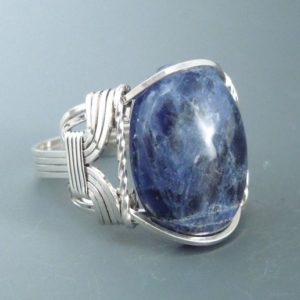 Sterling Silver Sodalite Cabochon Wire Wrapped Ring | Natural genuine Sodalite rings, simple unique handcrafted gemstone rings. #rings #jewelry #shopping #gift #handmade #fashion #style #affiliate #ad