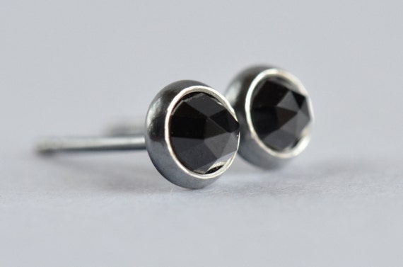 Black Spinel 4mm Rose Cut Sterling Silver Stud Earrings Pair