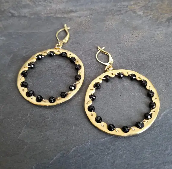Black Spinel Hoop Earrings, Wavy Circle Earrings, Intertwined Beaded Hoops, Uneven Round Dangle, Satin Gold Finish