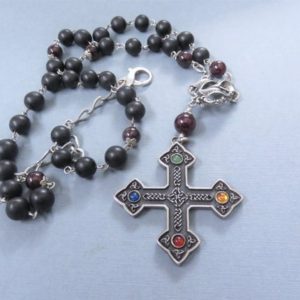 Shop Shungite Necklaces! Sterling Cross Shungite Necklace, Garnet Beads, Sterling Rosary Center, Cross with Stones and Enamel on the back | Natural genuine Shungite necklaces. Buy crystal jewelry, handmade handcrafted artisan jewelry for women.  Unique handmade gift ideas. #jewelry #beadednecklaces #beadedjewelry #gift #shopping #handmadejewelry #fashion #style #product #necklaces #affiliate #ad