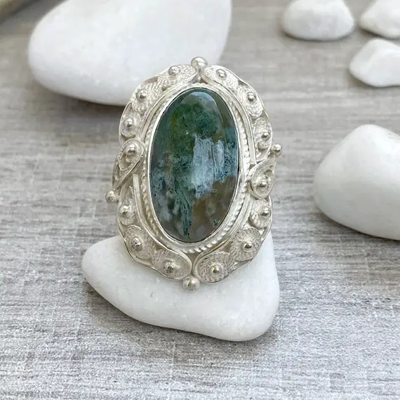 Sterling Silver Adjustable Ring, Moss Agate Ring, Vintage Style Ring, Agate Ring Vintage, Green Agate Stone Ring For Women, Armenia Ring